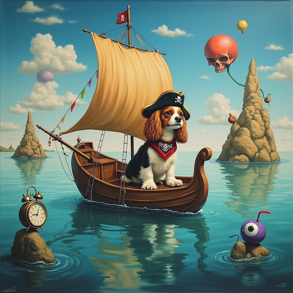 Cavalier King Charles Spaniel Pirate Captain Sails Surreal O...