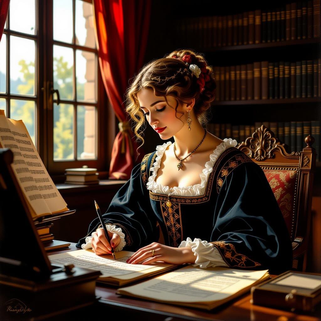 Renaissance Woman Composer Creating Music in Study