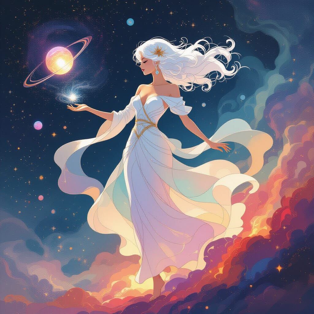 Ethereal Woman in Swirling Nebula, Minimalist Calligraphy St...