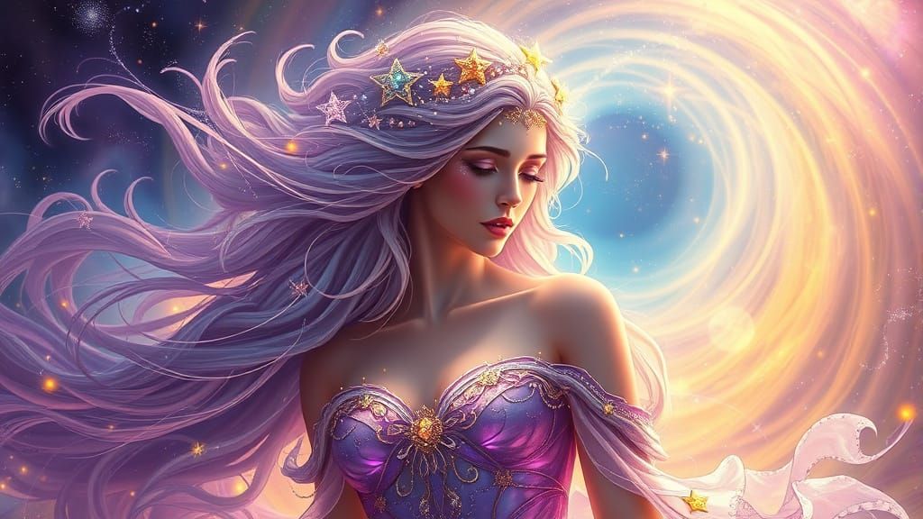 Goddess Weeping Light in Nebula, Art Nouveau Style