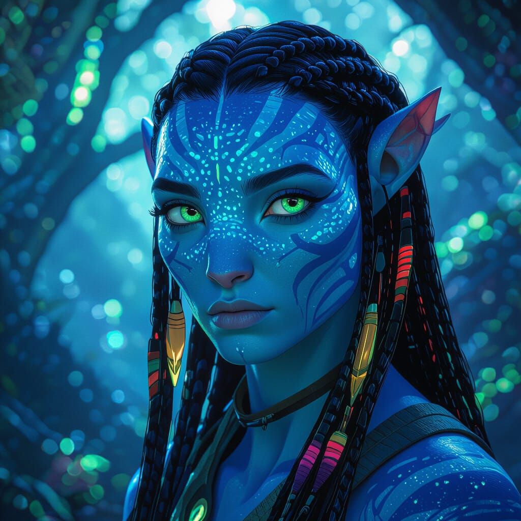 Na'vi Warrior in Bioluminescent Forest, Stylized Art