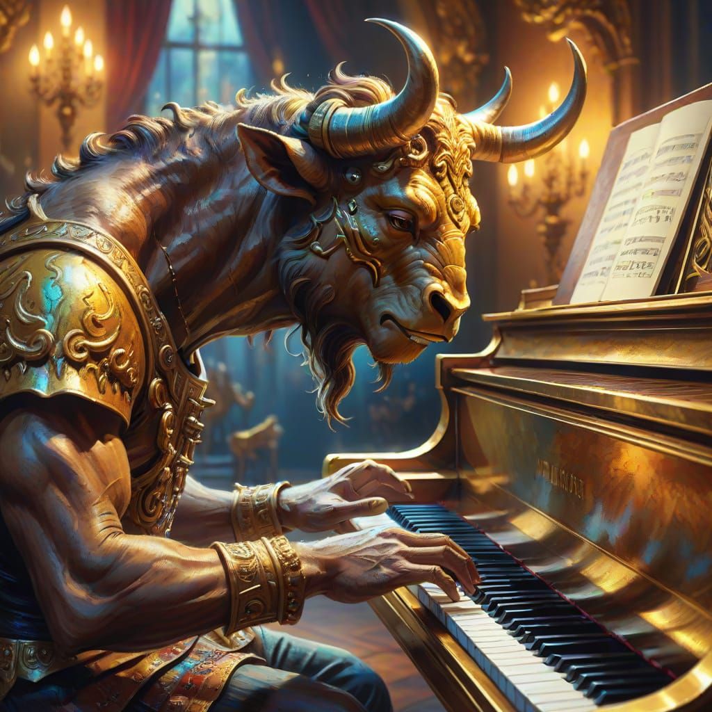 Minotaur Plays Piano in Vibrant Oil Painting
