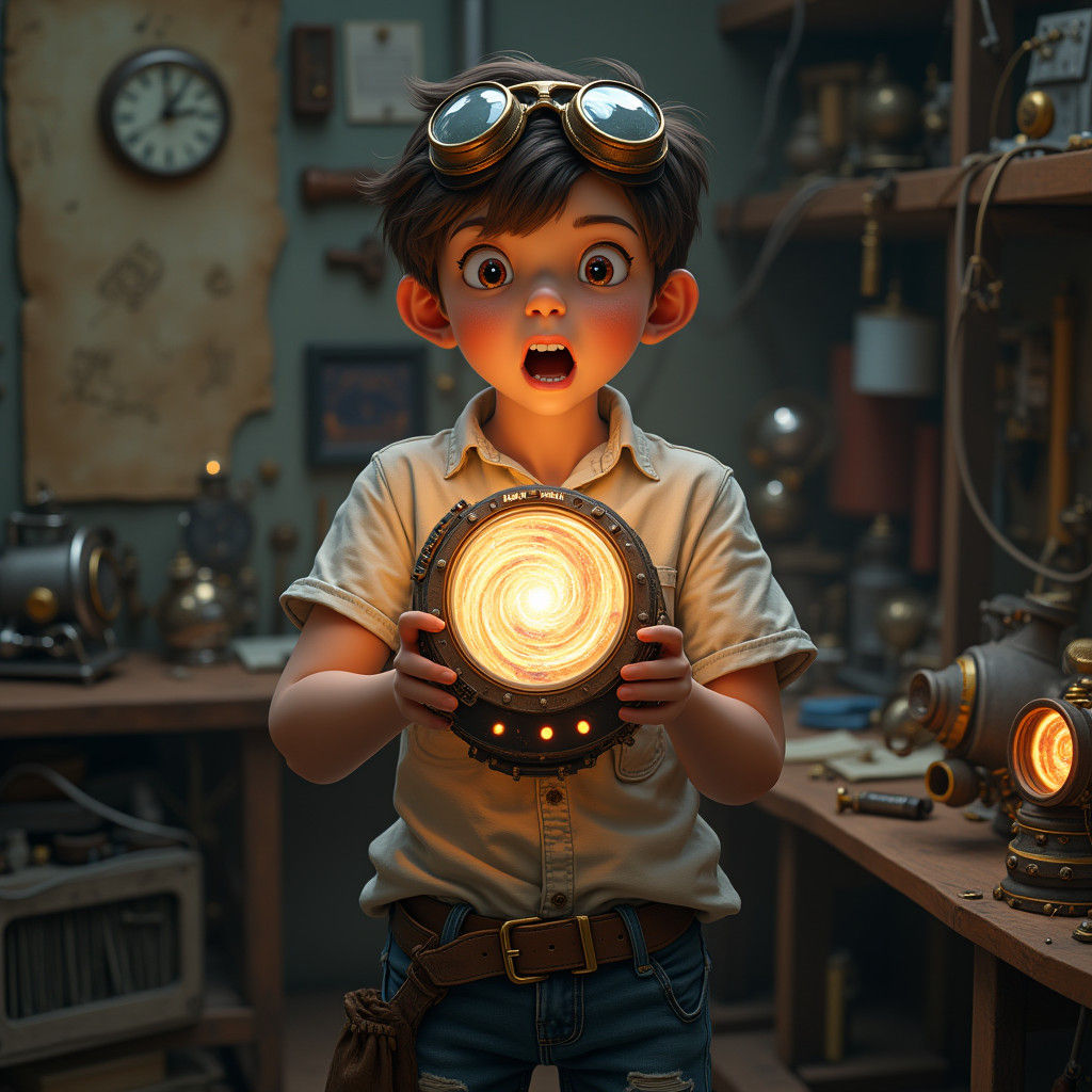 Inventor with Glowing Time Machine, Concept Art Style