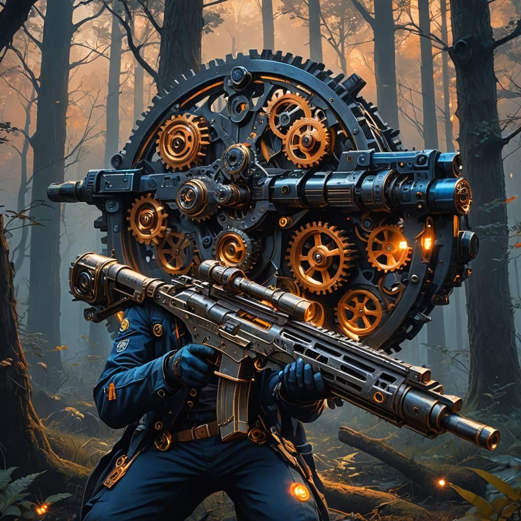 Clockwork Sniper Rifle in Misty Forest: Fantasy Concept Art