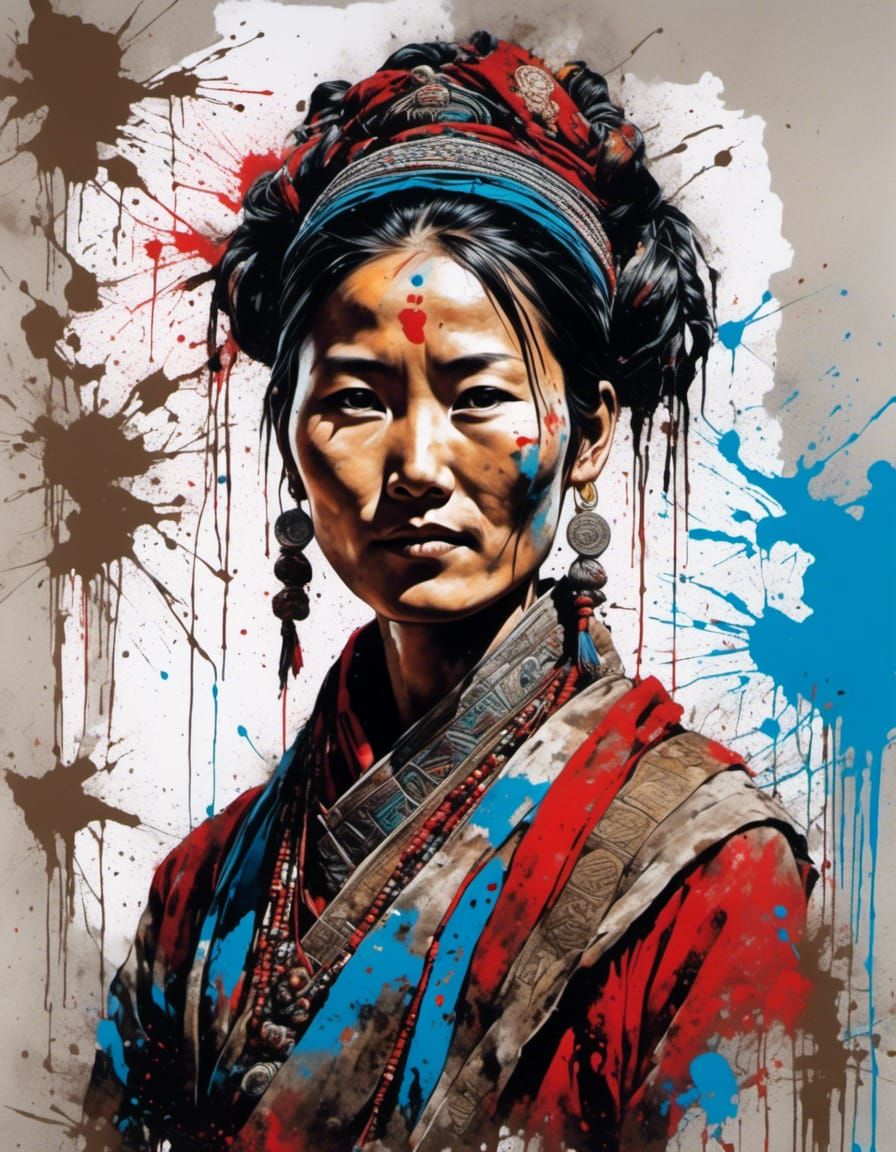 Tibetan Woman in Splatter Graffiti Portrait