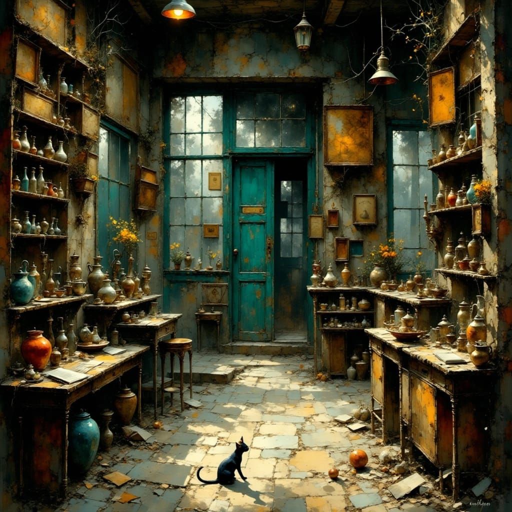 Mysterious Antique Shop in a Dark, Detailed Drawing Style