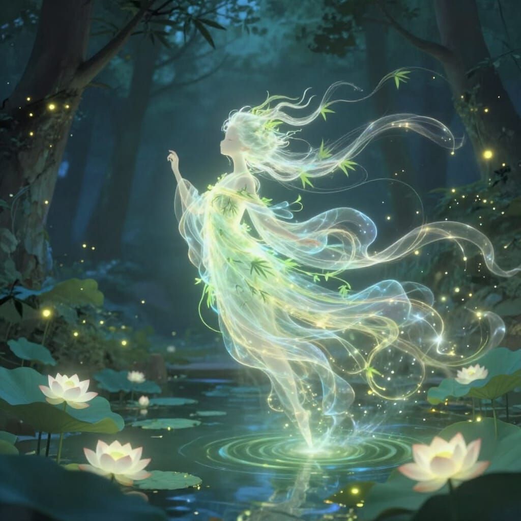 Ethereal Bamboo Spirit Creature Above Lotus Pond