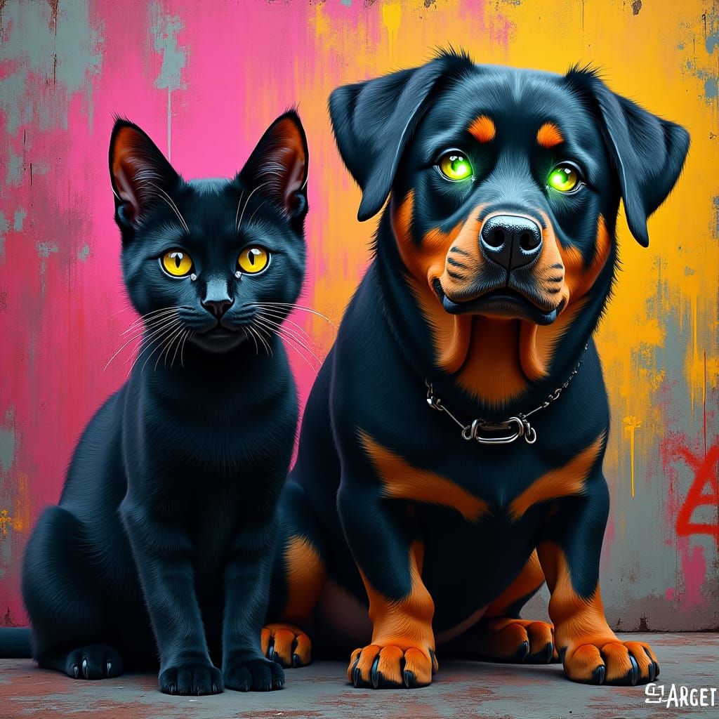 Rottweiler and Cat Duo in Urban Street Art