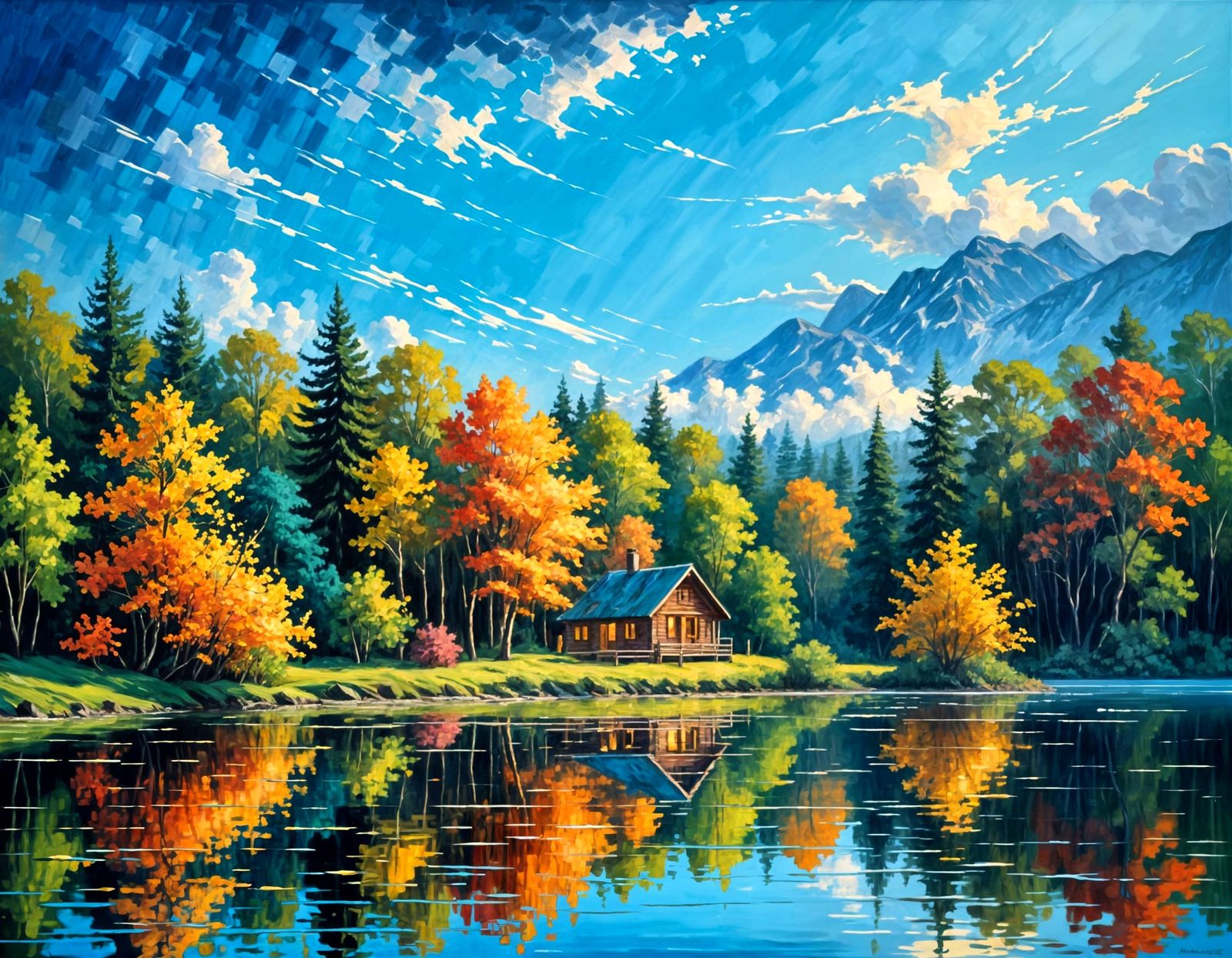 Serene Lakeside Forest in Vibrant Impressionist Style