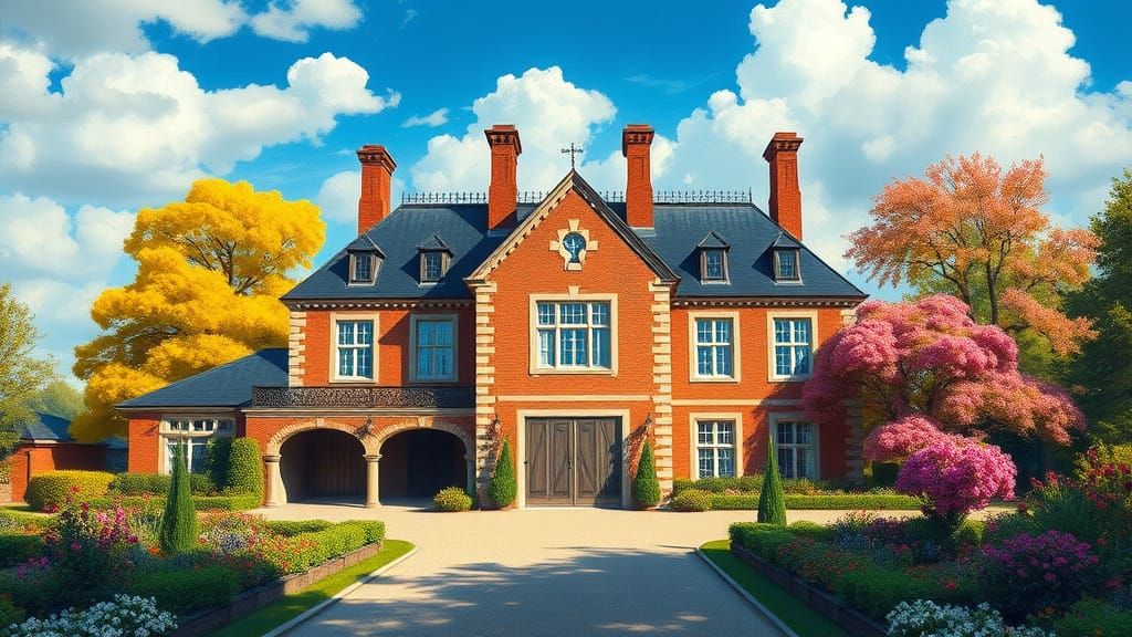 Grand Brick Chateau Amidst Colorful Gardens