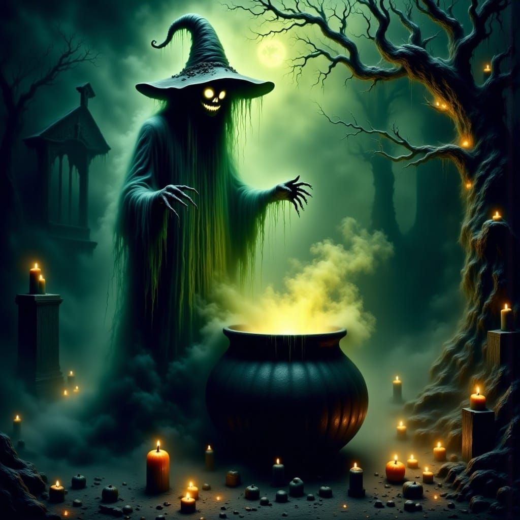Mystical Witch Brews Potion in Eerie Cauldron