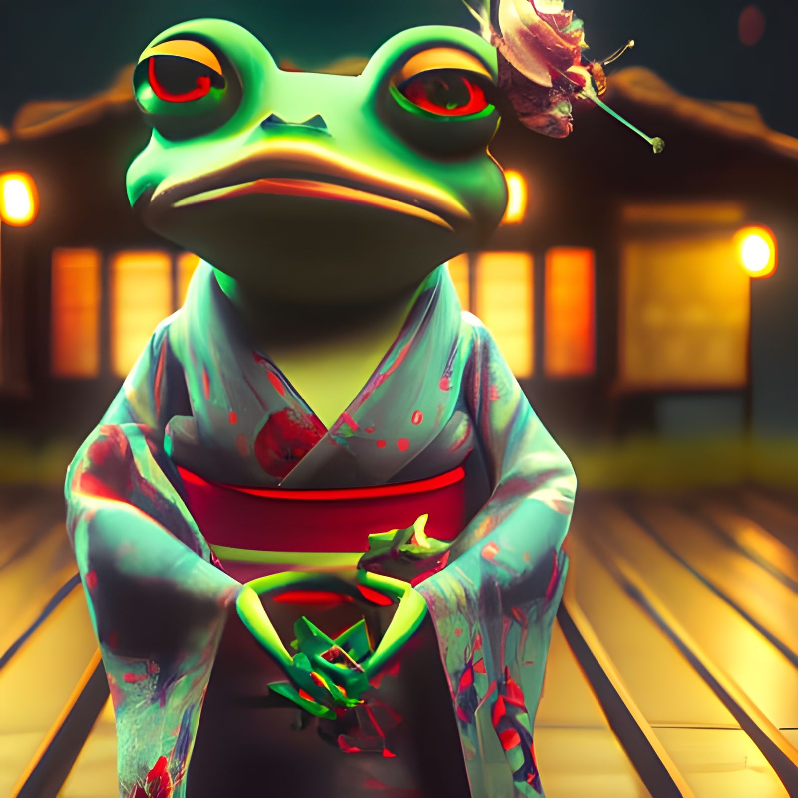 Frog Geisha in Kimono, Studio Ghibli Anime Style