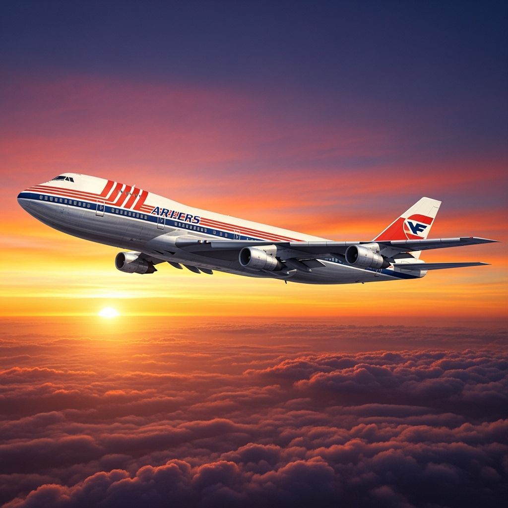 A weathered Boeing 747 flying in sunset.  - Eine alte verwit...