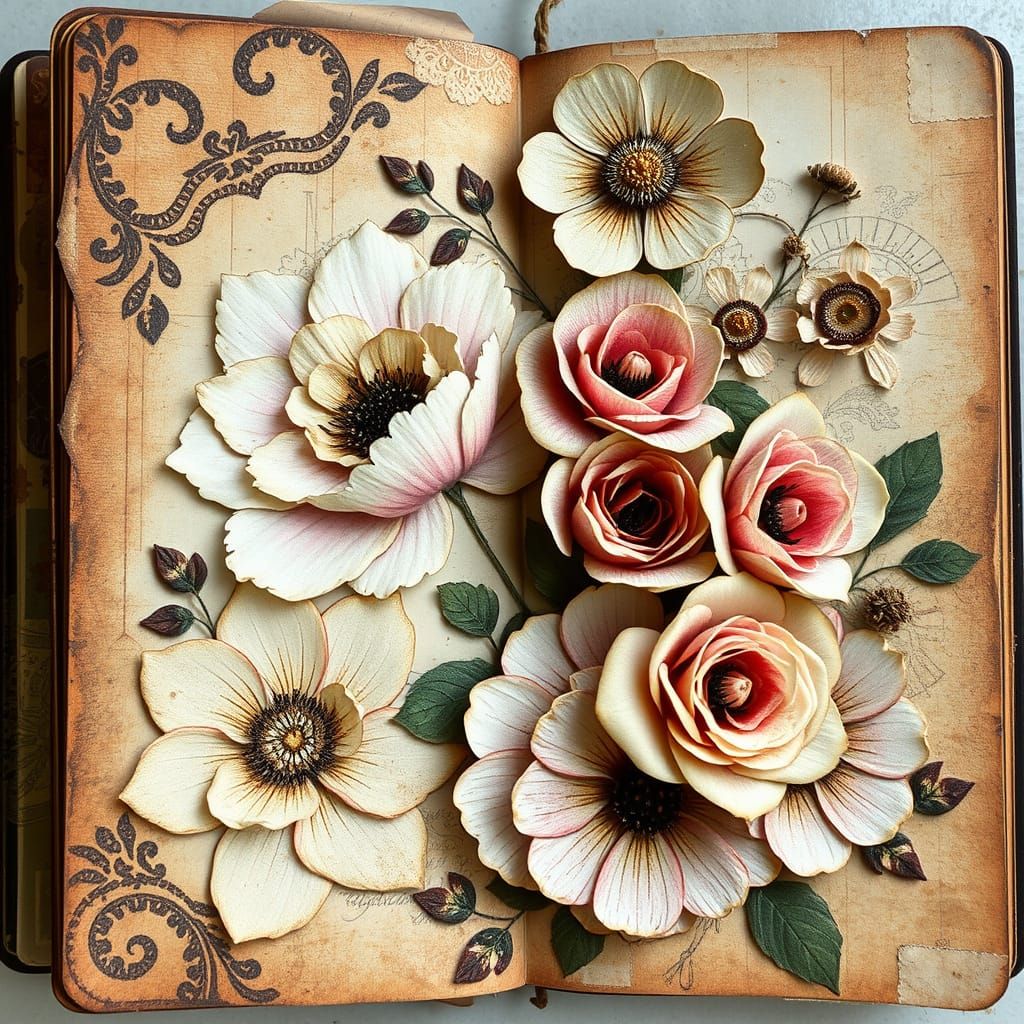 Whimsical Victorian Floral Collage in Mixed Media Style
