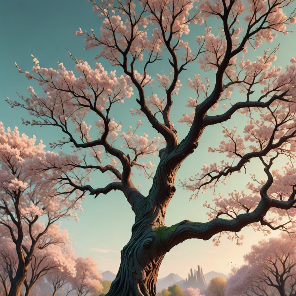 Serene Cherry Blossom Tree in Soft Pastel Hues