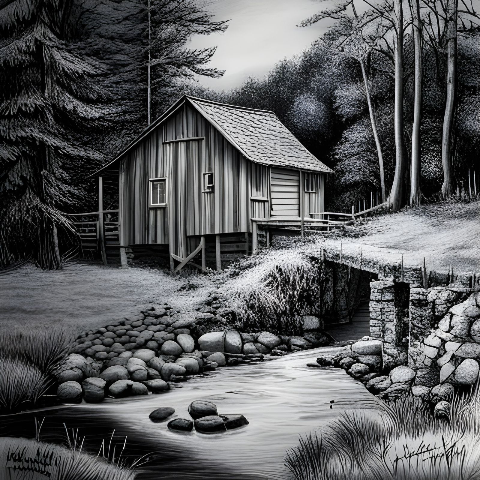 Secluded Forest Cabin with Watermill: Charcoal Drawing