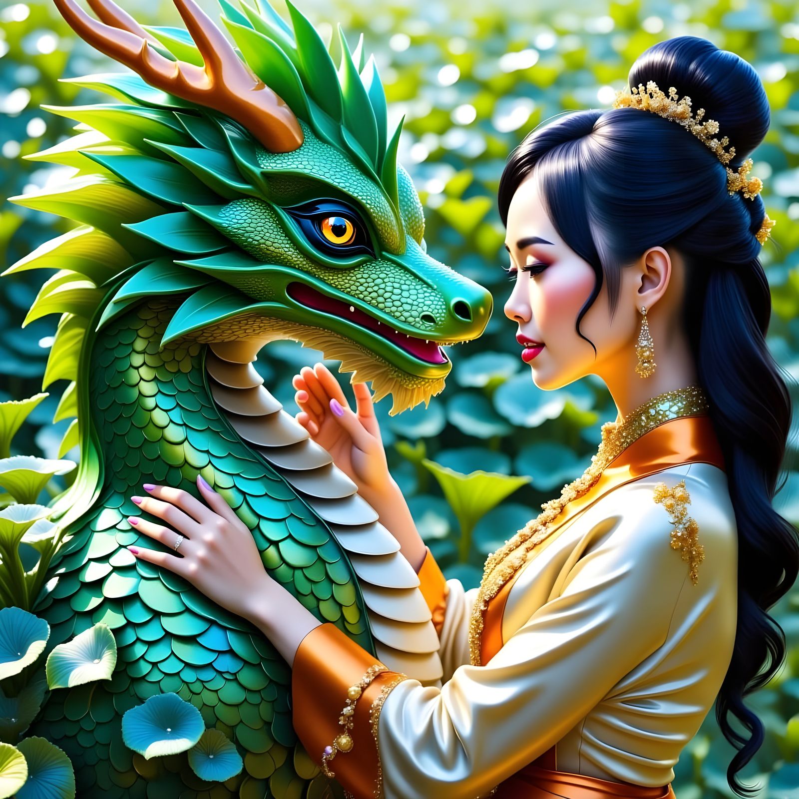 Ethereal Beauty Tenderly Connects with Majestic Green Dragon...