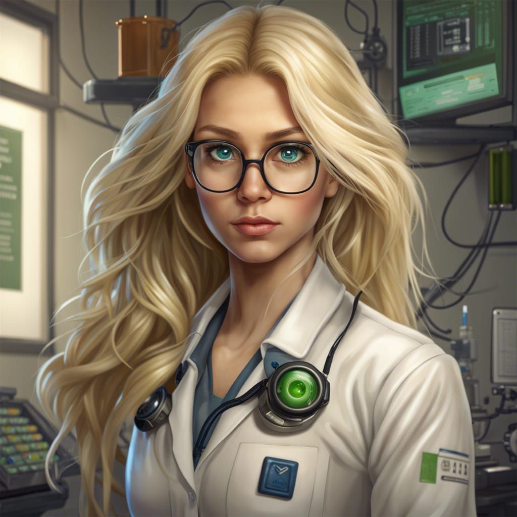 Beautiful Blonde Scientist with Blue-Green Eyes