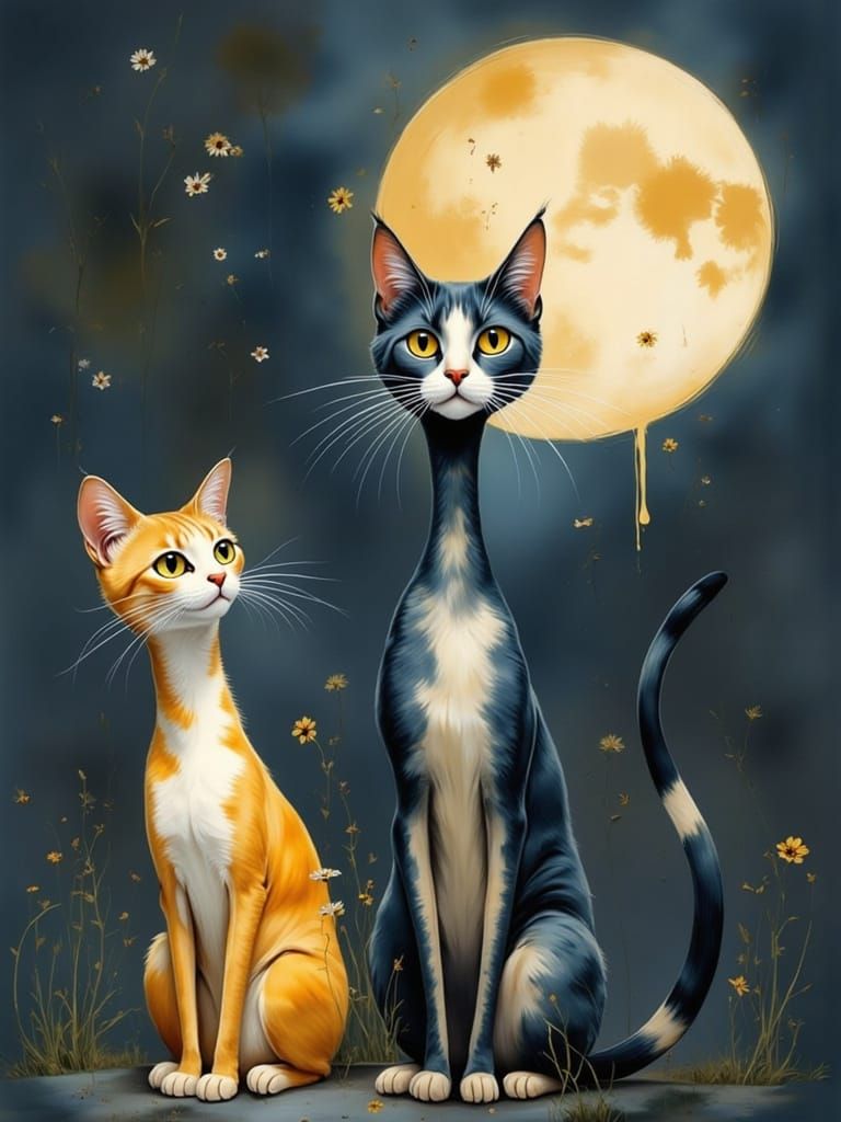 Golden Age Cats Under the Moonlight in Modigliani Style