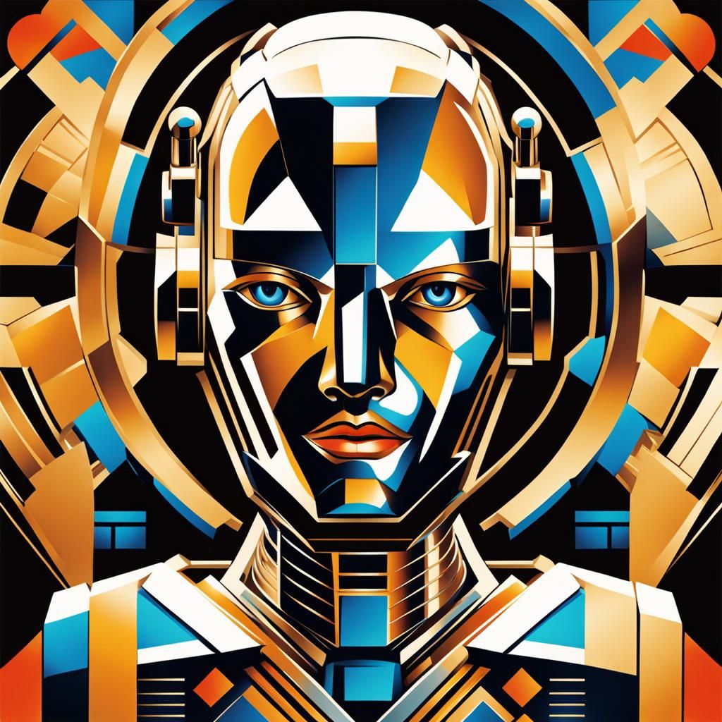 Art Deco Robot Illustration in Metallic Colors
