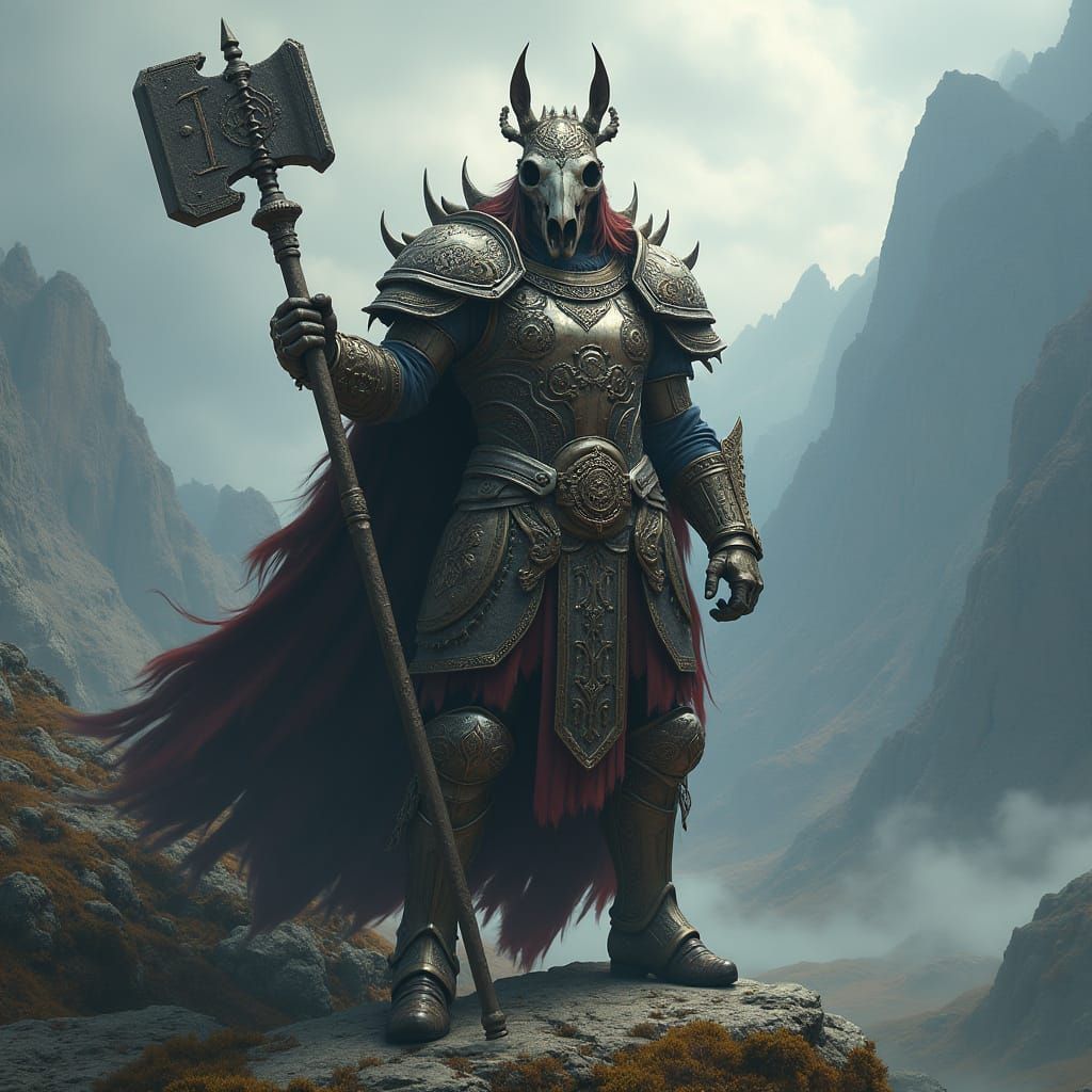 Epic Warrior in Ornate Armor Wields Hammer, Horse Skull Helm...
