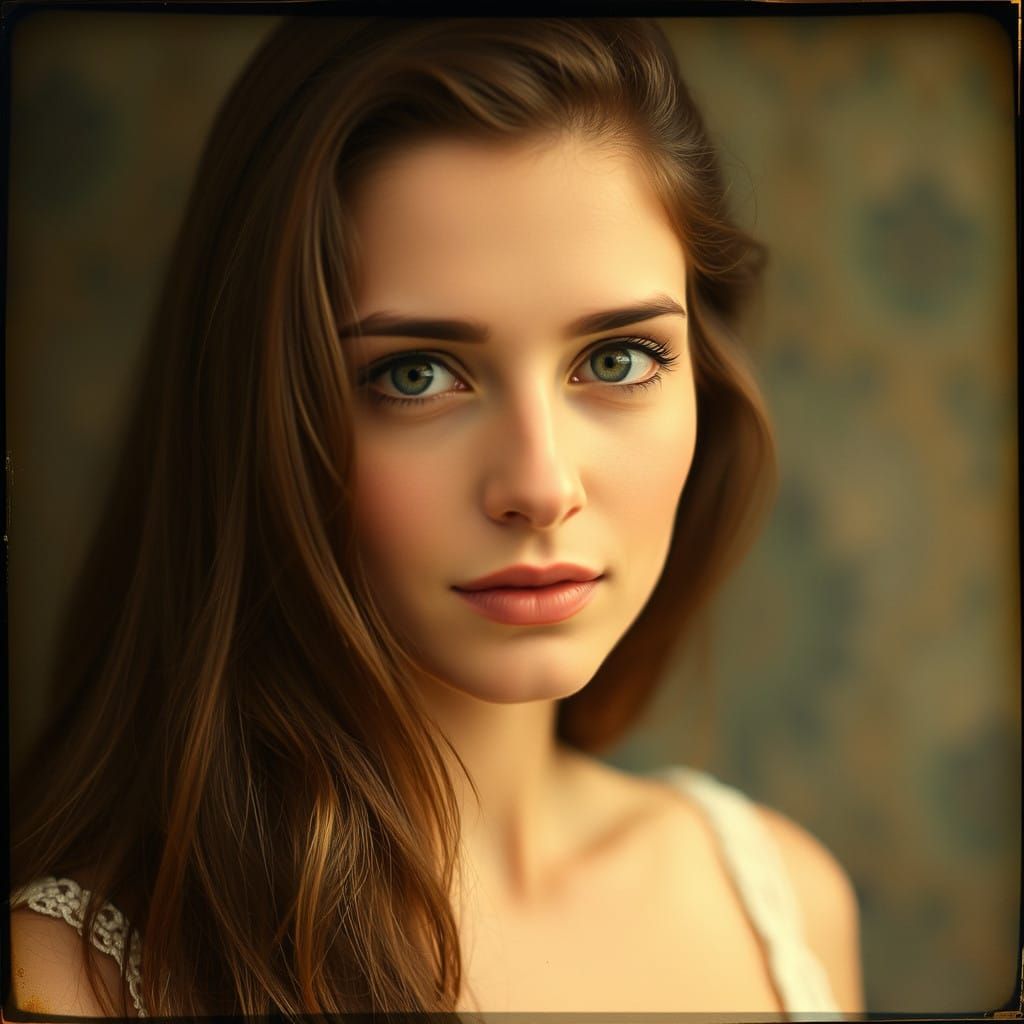 Vintage Analog Portrait of a Beautiful Woman with Long Brown...