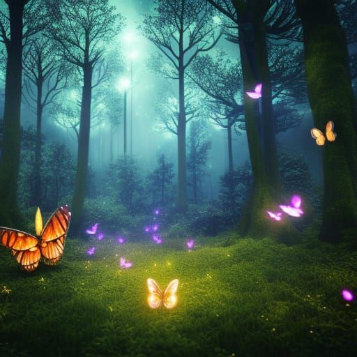 Enchanted Forest at Night with Fairies and Fireflies