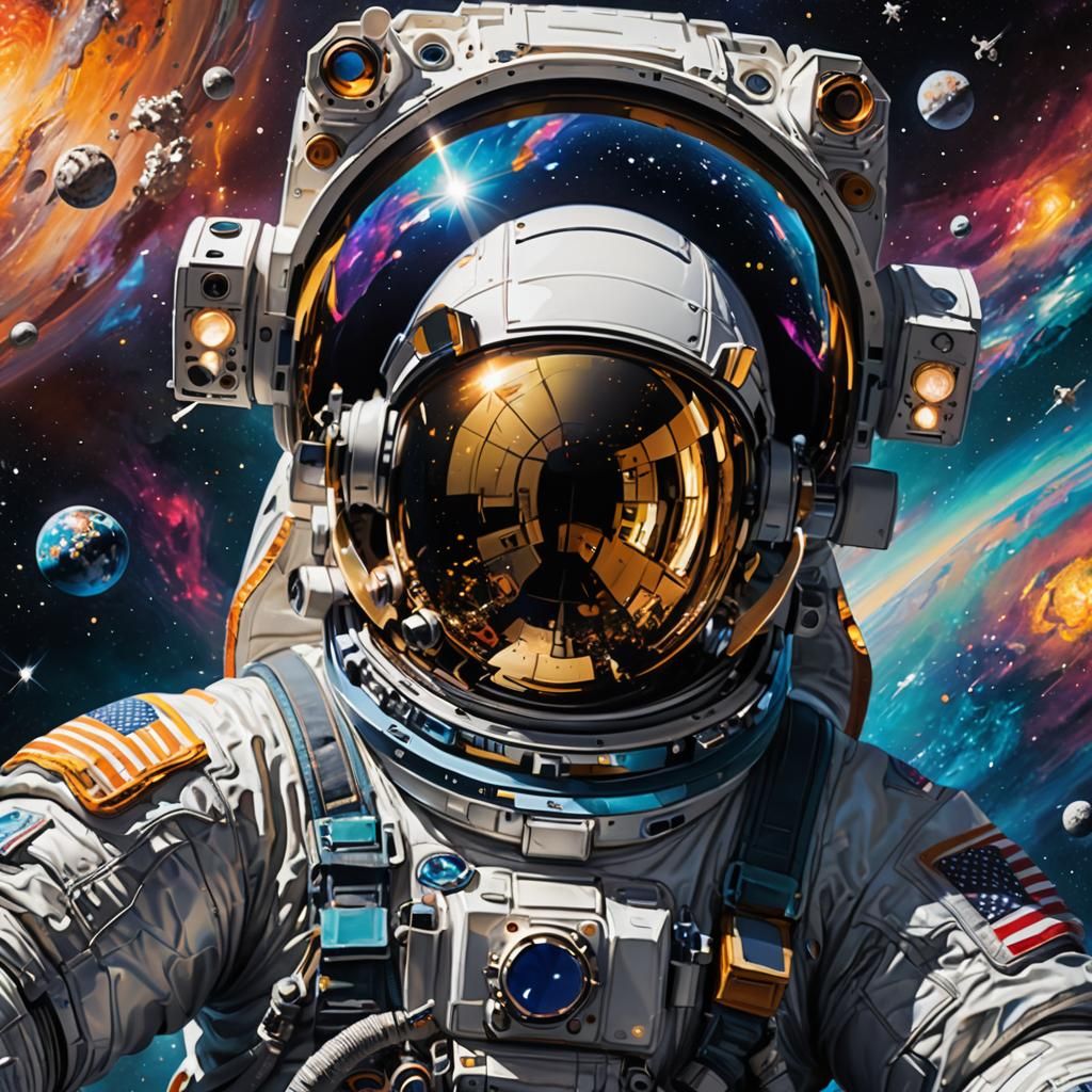 Astronaut Floating in Space Near Swirling Galaxy