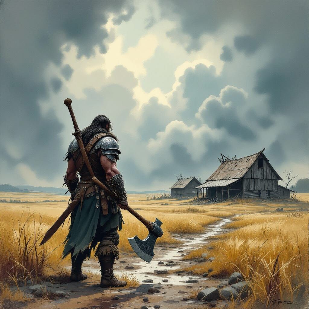 Lone Barbarian on Stormy Farm in Dark Fantasy Style