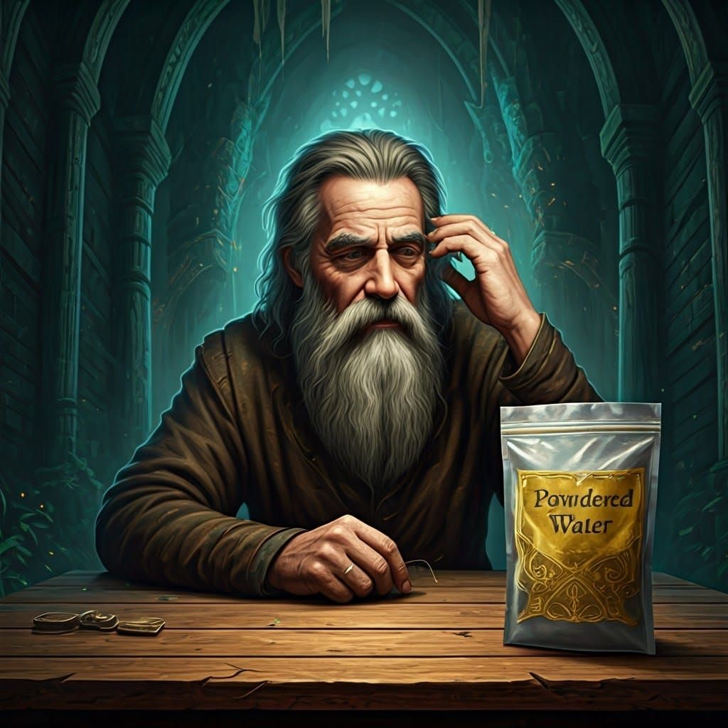 Weathered Man and Powdered Water in Oil Painting Style