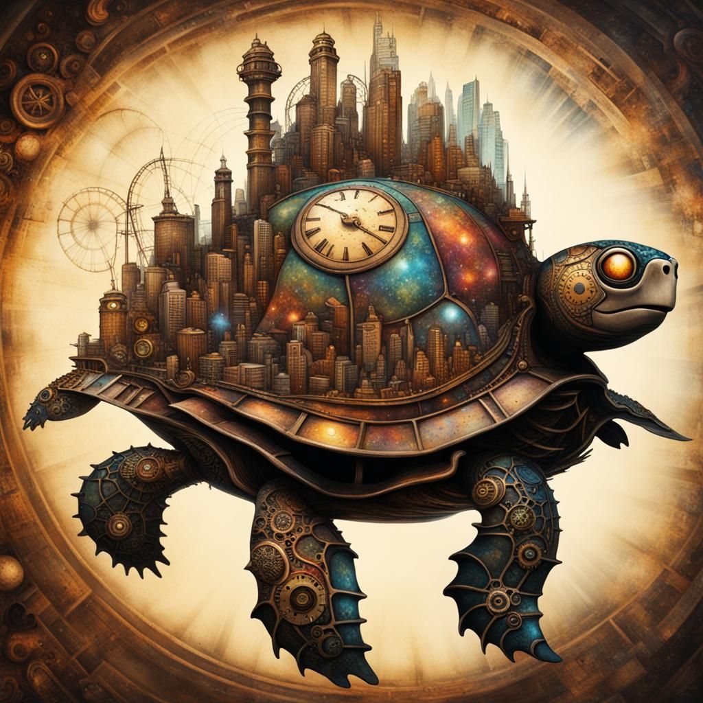 Steampunk Turtle City Drifting Through the Cosmos