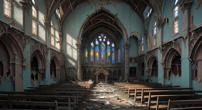 Abandoned Cathedral Interior with Broken Relics