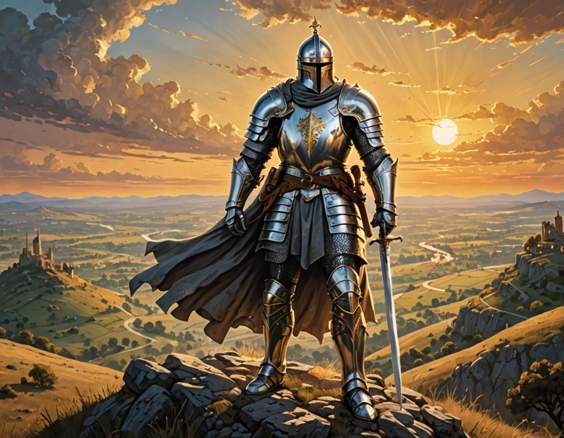 Crusader Knight Overlooking Battlefield at Sunset