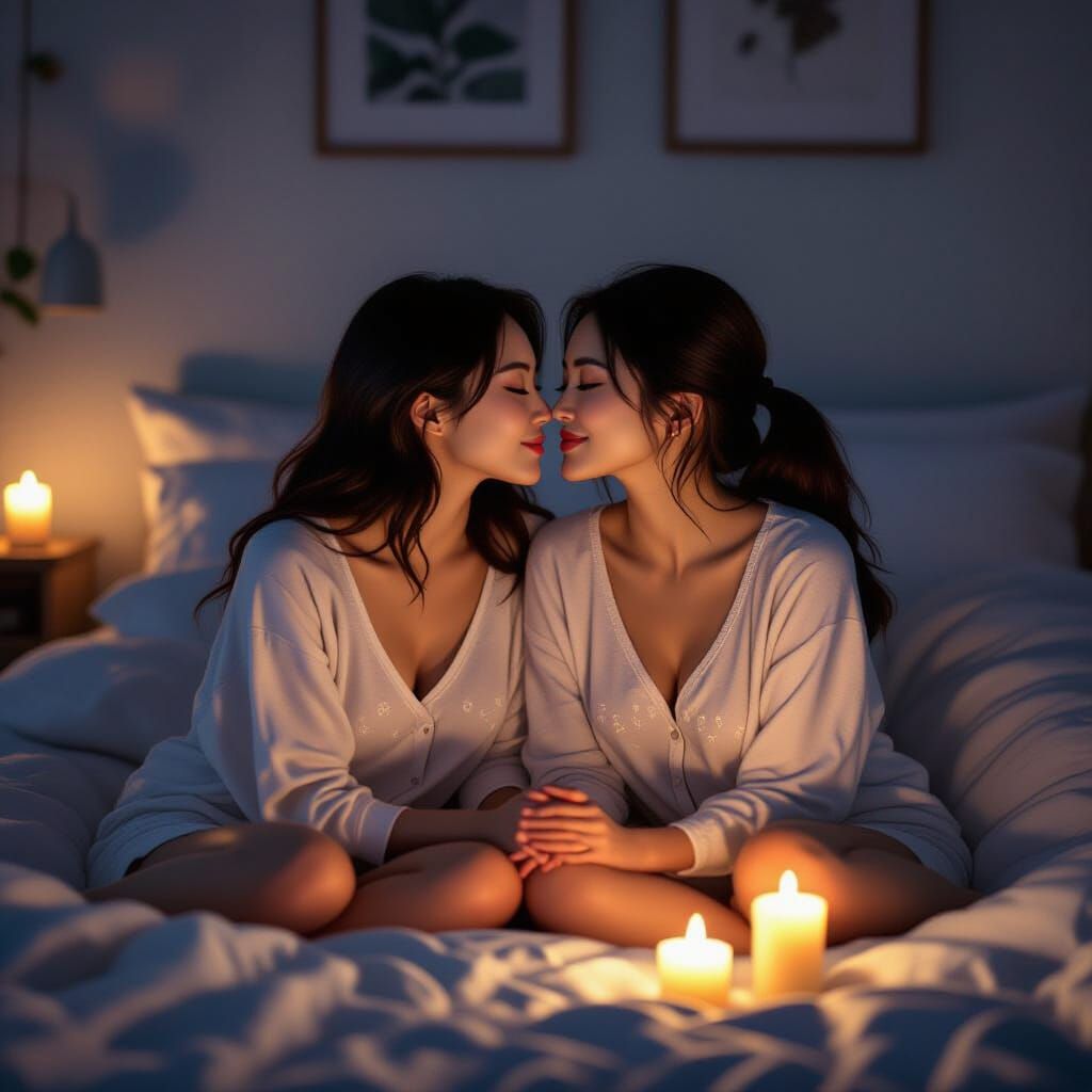 Passionate Kiss in Candlelight: Intimate Bedroom Scene