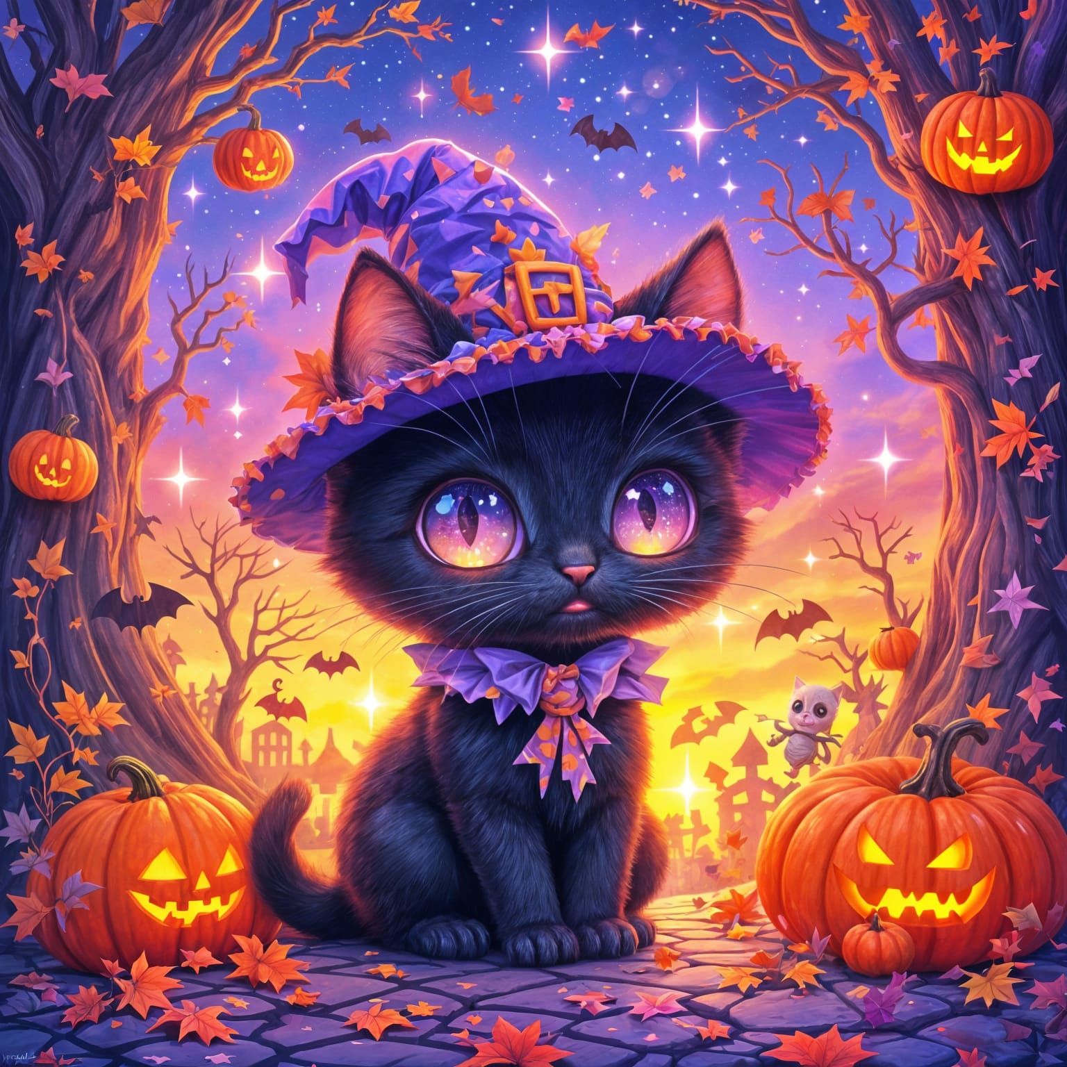 Kawaii Halloween Kitten in Galaxy Sky