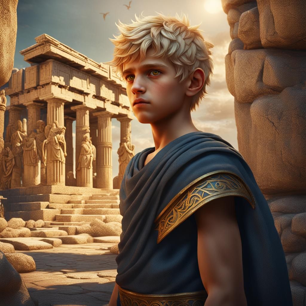 Greek Blonde Boy with Yellow Eyes in Ancient Greece