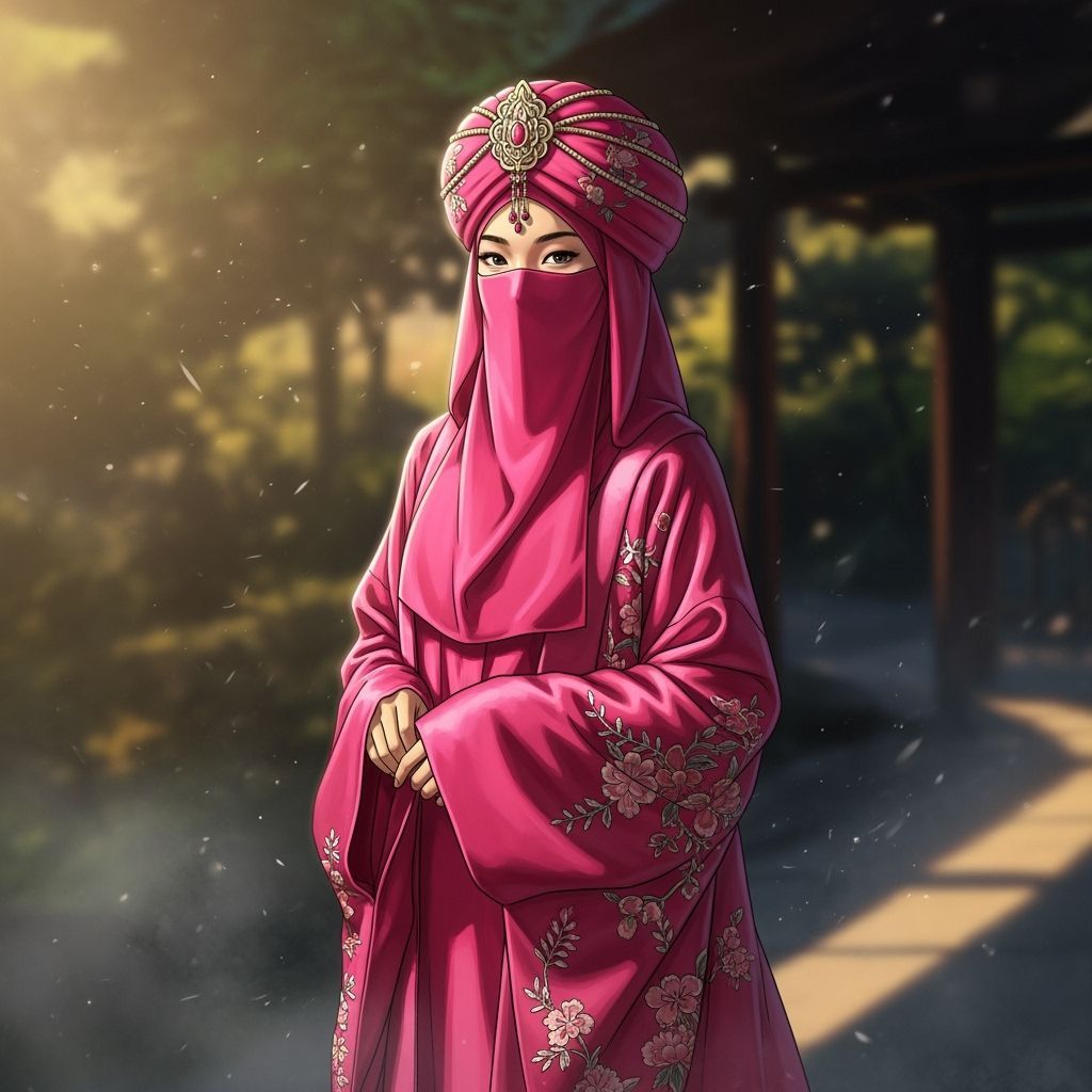 Asian Woman in Pink Niqab and Kimono in Japanese Garden