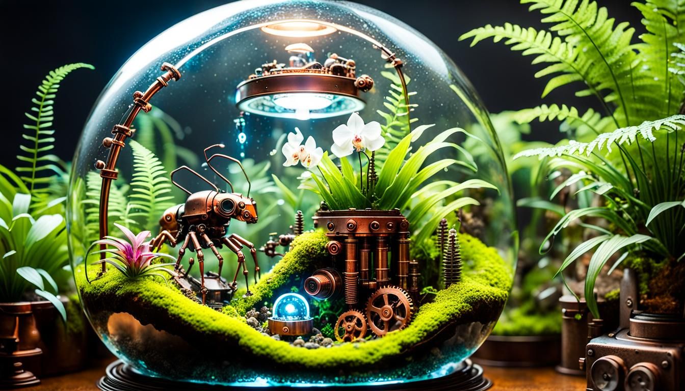 Steampunk Terrarium with Robotic Ants, Astral Illustration