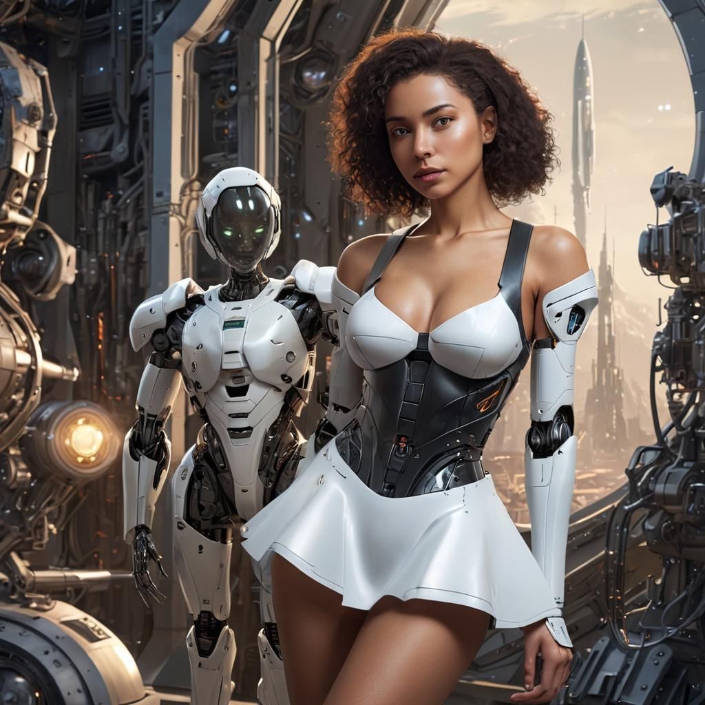 Futuristic Scholar and Robotic Companion in Sci-Fi Laborator...