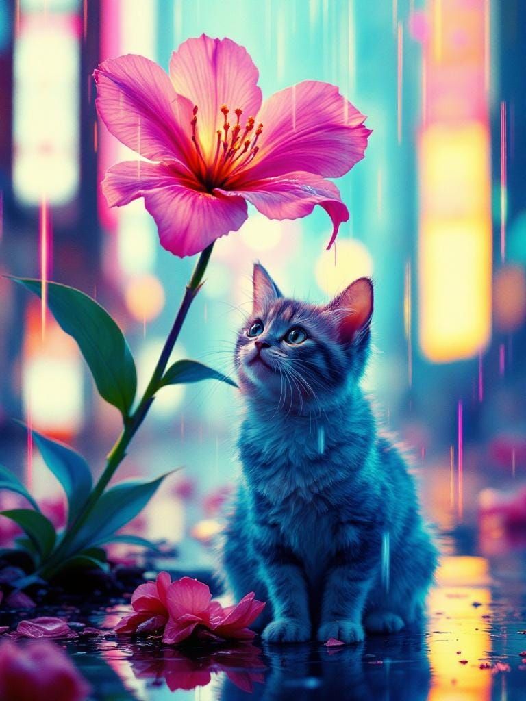 Cat Under Flower in Sorayama Hockney Blade Runner Style