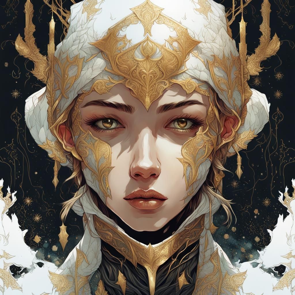 Girl Knight in Black Armor with Gold Outlines