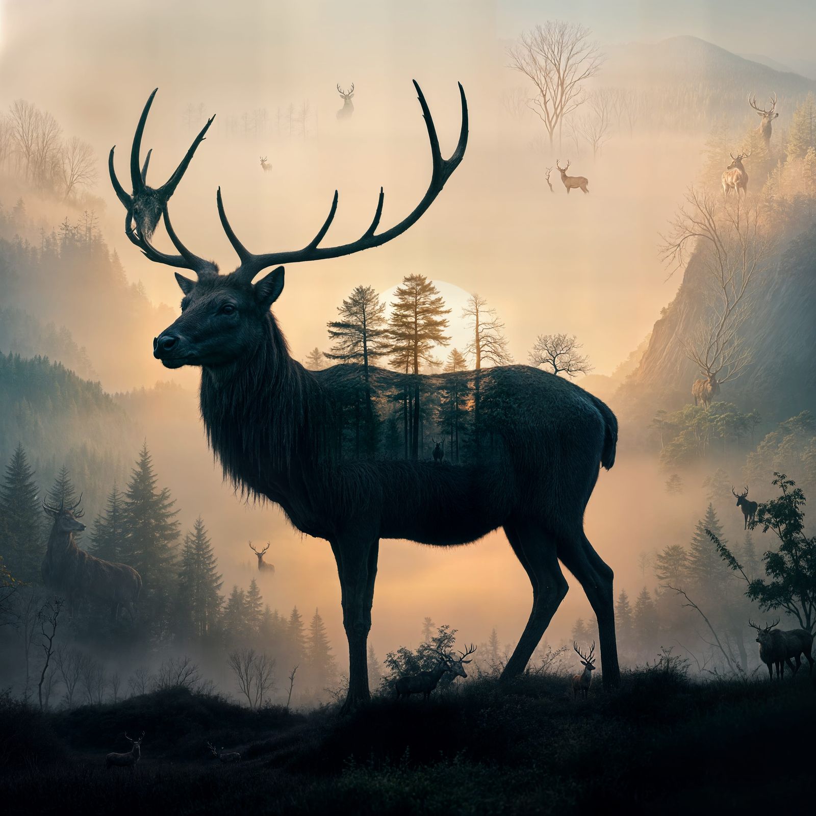 Majestic Stag Silhouetted Against Misty Dawn in Ancient Fore...