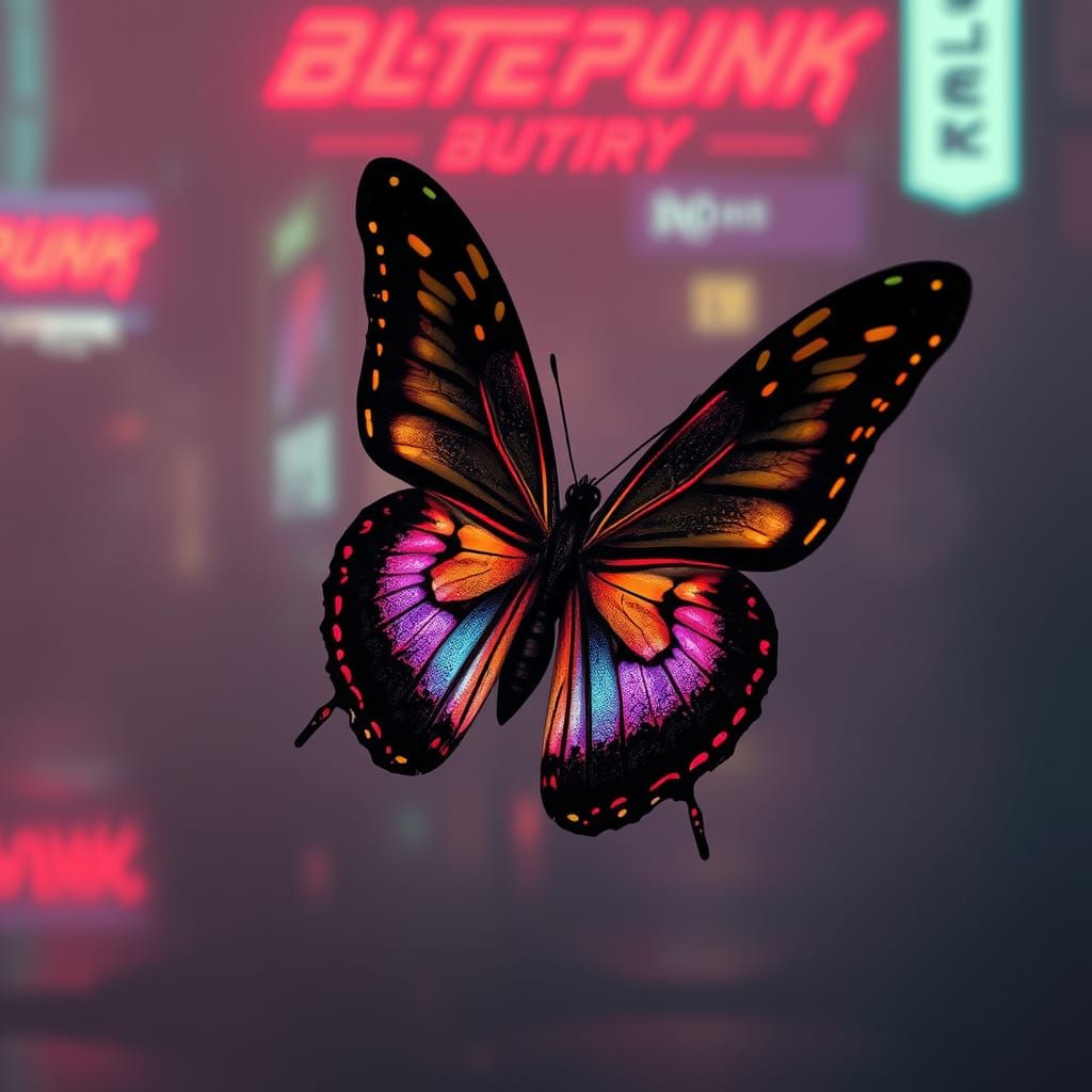 Glowing Neon Butterfly in Cyberpunk Metropolis
