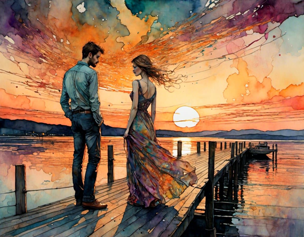 Couple on Pier at Sunset in Neurographic Ink