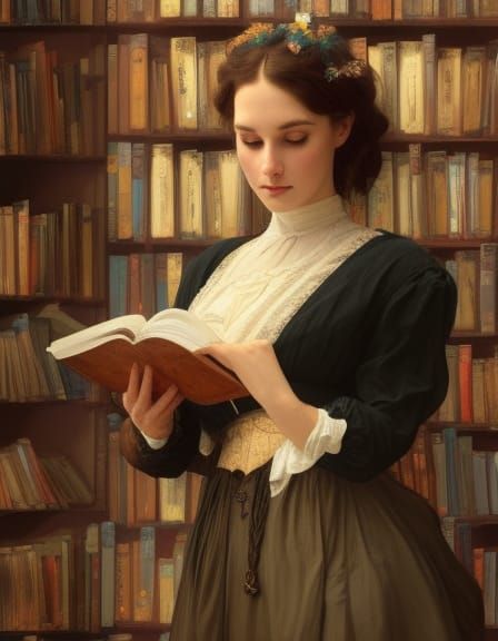 Victorian Woman in Bookstore: Art Nouveau Portrait