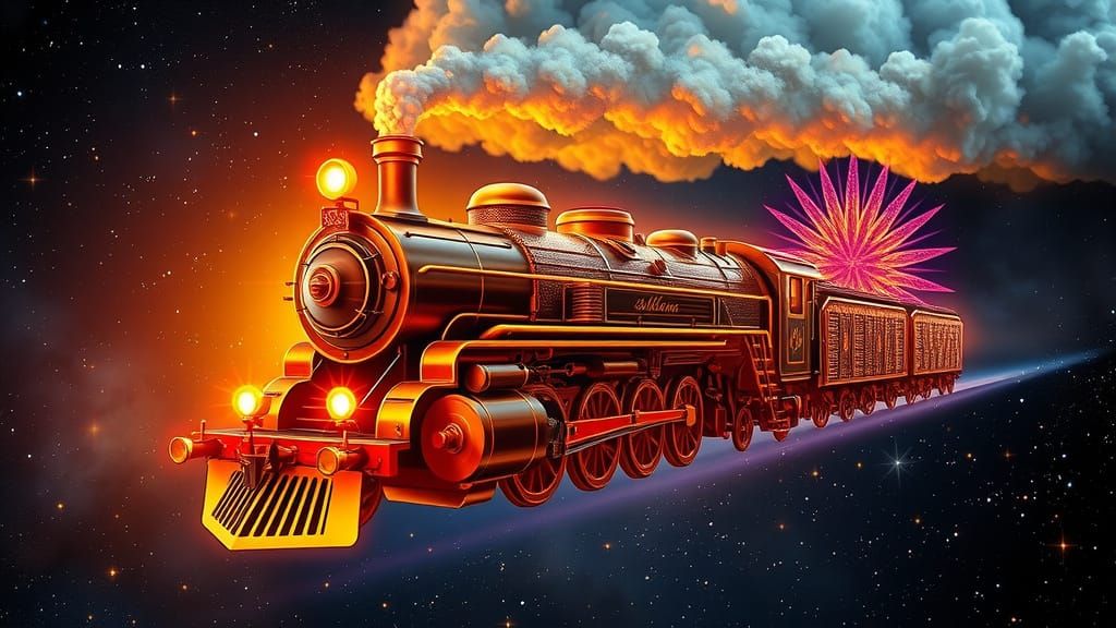 Vintage Steam Locomotive Soars Through Starry Night Sky in P...