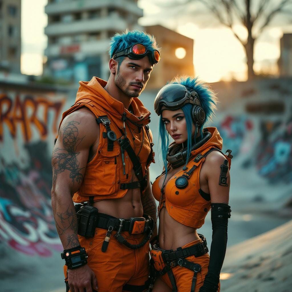 Cyberpunk Couple in Urban Skatepark, Cinematic Photo