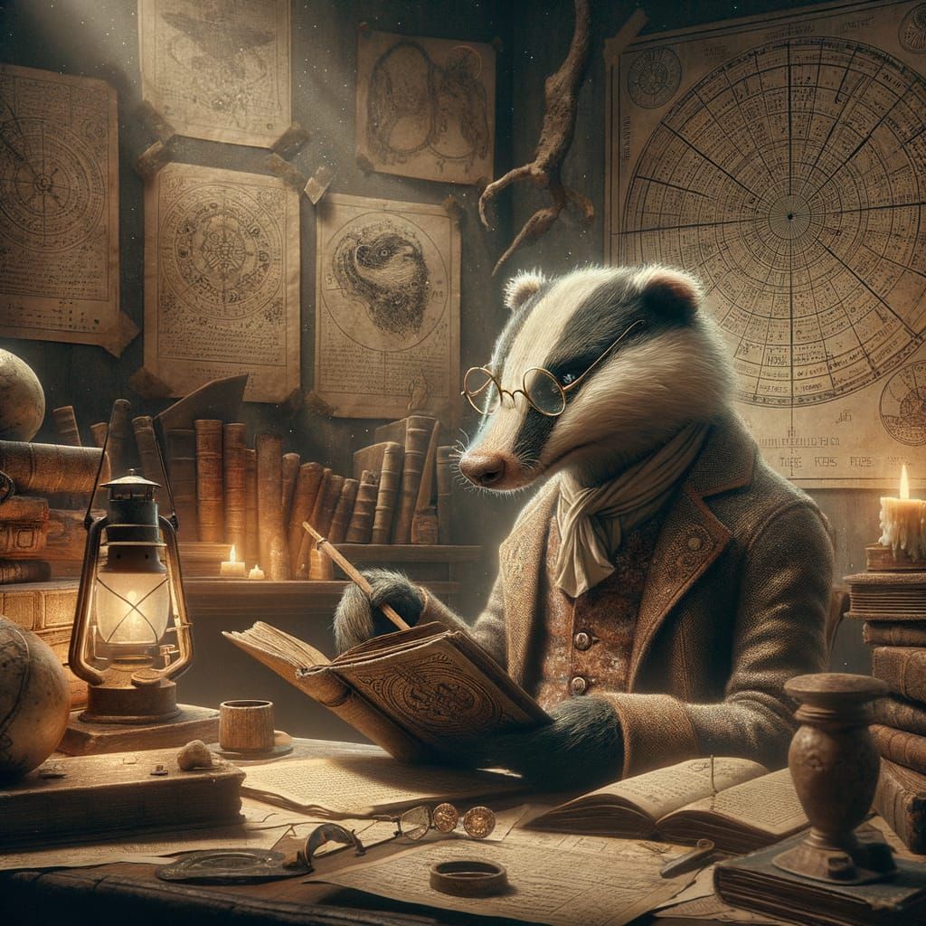 Badger Reading Ancient Tomes in Vintage Style