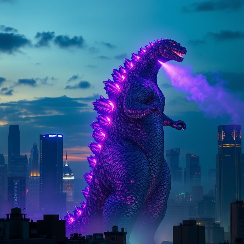 Godzilla in Radiant Purple Inferno Illuminates Futuristic Ci...