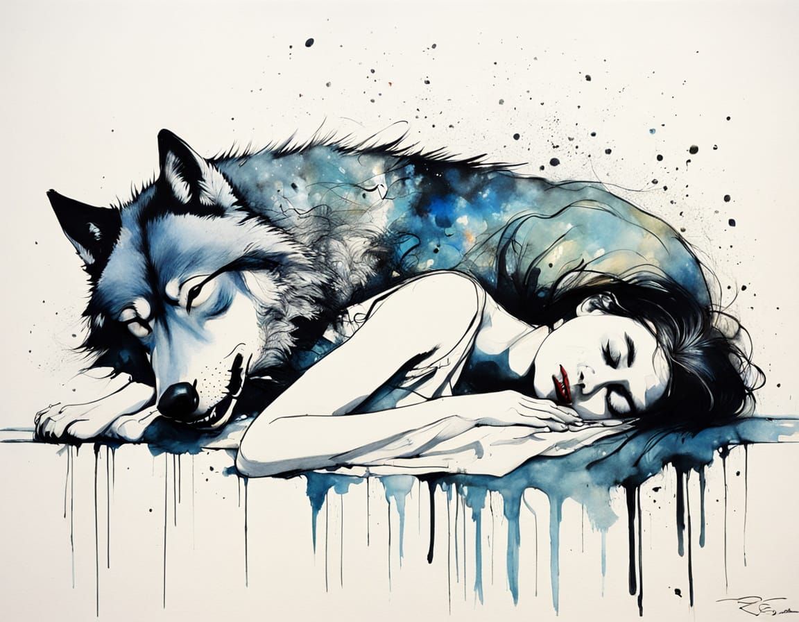 Girl Sleeping with a Wolf in Minimalist Surrealism